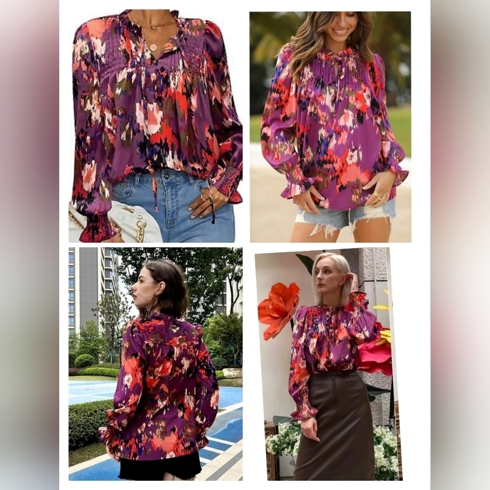 2027)HOTOUCH Colorful Boho Abstract Print Long Sleeve Pleated Peasant Blouse XXL